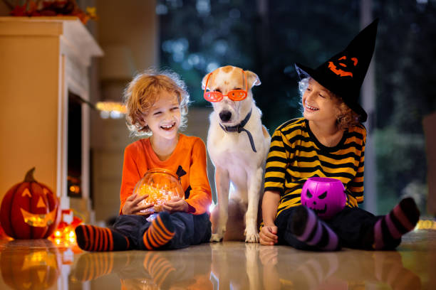 Kids in witch costume on Halloween trick or treat stock photo
