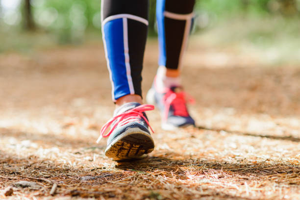 istock Female runner jogging forward outdoors through a summer forest trail.Close up.Copy space. 1425160589