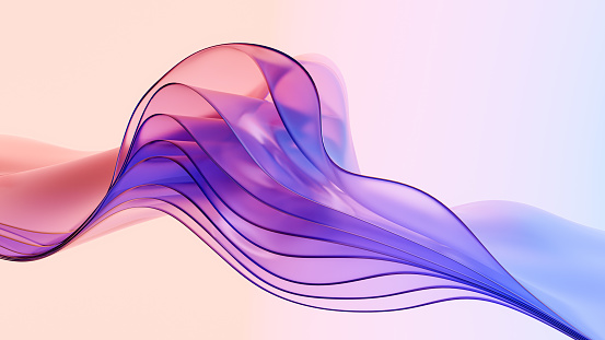 Glass wavy layers with frozen structure - abstract background in pink, and purple colors. 3d illustration