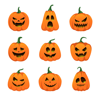 Vector illustration of Halloween Pumpkins different faces set