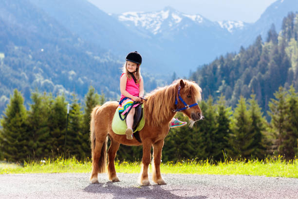 bambini in sella al pony. bambino a cavallo sulle alpi - horse child pony little girls foto e immagini stock