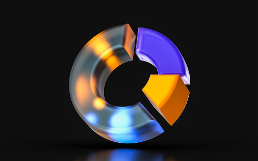 glass morphism pie chart icon with colorful gradient light on dark background 3d render concept