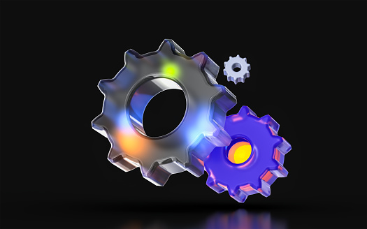 glass morphism gear setting icon with colorful gradient light on dark background 3d render concept