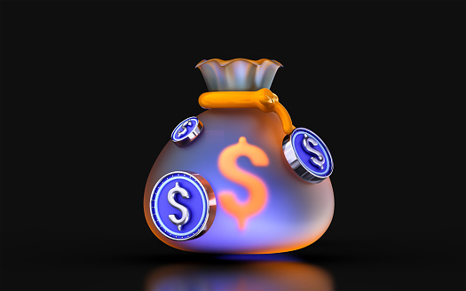 glass morphism dollar bag icon with colorful gradient light on dark background 3d render concept