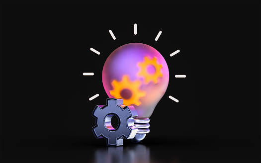 glass morphism gear lightbulb icon with colorful gradient light on dark background 3d render concept