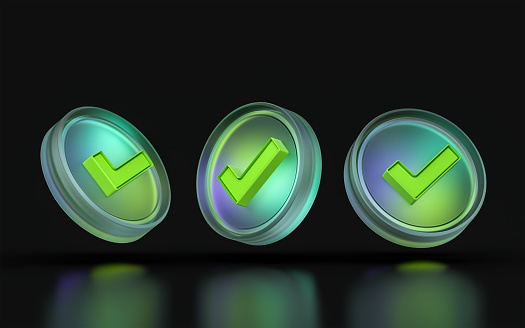 glass morphism check icon three view angle colorful gradient light on dark background 3d render