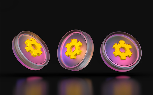 glass morphism gear icon three view angle colorful gradient light on dark background 3d render