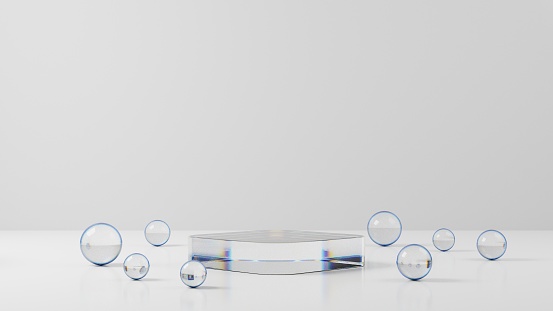 3d rendering empty transparent glass platform display background, crystal pedestal for product showcase
