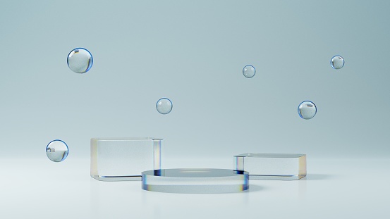 3d rendering empty transparent glass platform display background, crystal pedestal for product showcase and presentation