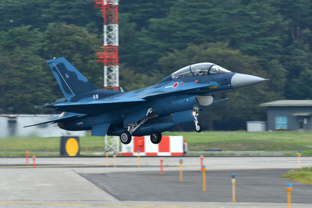 Japan Air Self-Defense Force Mitsubishi F-2B multirole fighter. Aomori Prefecture, Japan - September 11, 2022:Japan Air Self-Defense Force Mitsubishi F-2B multirole fighter. misawa japan stock pictures, royalty-free photos & images