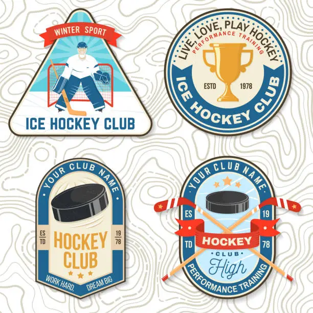 Vector illustration of Ice Hockey club emblem, badge embroidered patch. Concept for shirt or emblem, print, stamp or tee. Winter sport. Vintage typography design with player, sticker, puck and skates silhouette. Vector.
