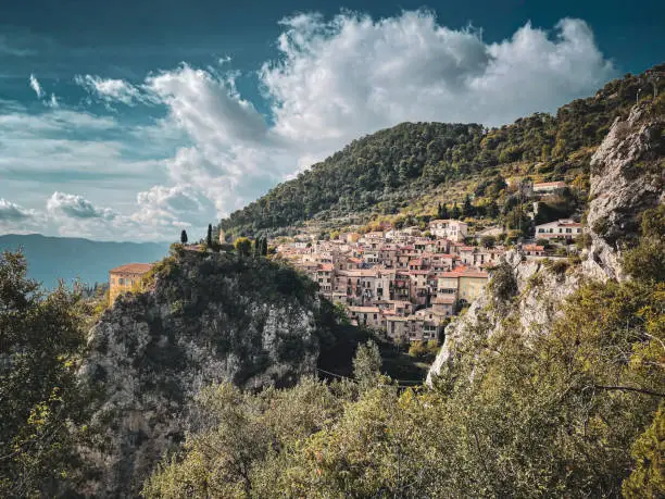 Village of Peille perched on the side of the mountain above Monaco