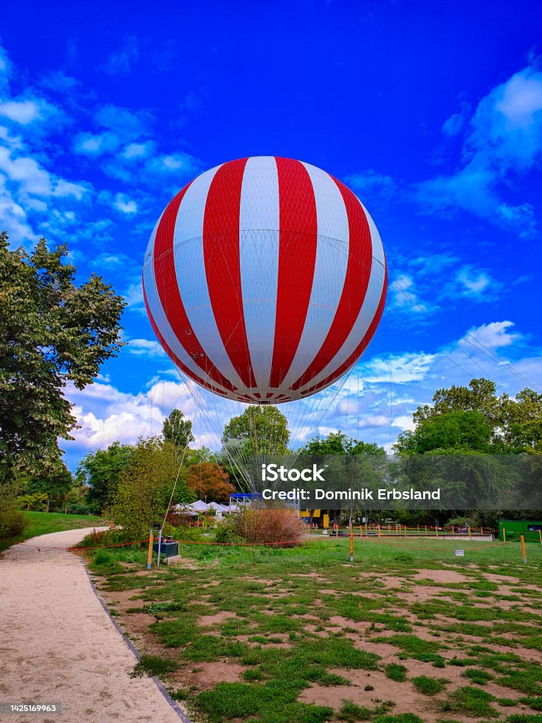 Red and White Striped Grounded Balloon A red and white striped grounded balloon on grass in a park in Budapest, Hungary. Balloon Stock Photo