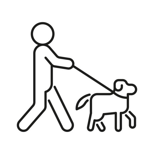 человек гуляет с собакой на поводке, значок линии. домашнее животное владельца. векторный контурный знак - men drawing cheerful friendship stock illustrations