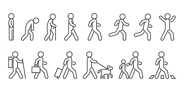People walk and run, line icon in different posture side view. Person various action poses set. Stand, walk, run, travel, crosswalk, with dog and child. Vector outline
