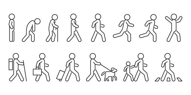 People walk and run, line icon in different posture side view. Person various action poses set. Stand, walk, run, travel, crosswalk, with dog and child. Vector outline illustration People walk and run, line icon in different posture side view. Person various action poses set. Stand, walk, run, travel, crosswalk, with dog and child. Vector outline man walking stairs vector stock illustrations