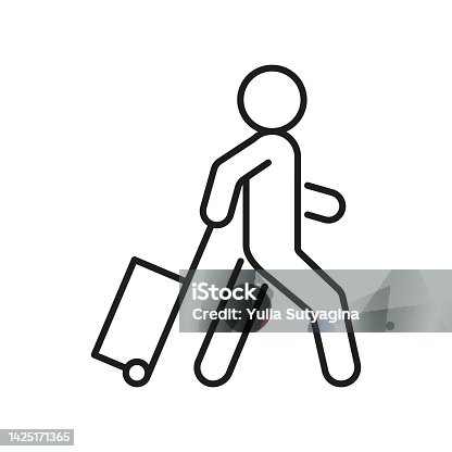 istock Person travel with suitcase, tourist, line icon. Vacation, journey with bag. Vector outline sign 1425171365