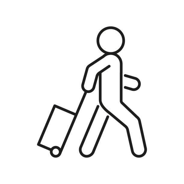 Person travel with suitcase, tourist, line icon. Vacation, journey with bag. Vector outline sign Person travel with suitcase, tourist, line icon. Vacation, journey with bag. Vector sign travel icons stock illustrations