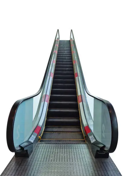 Photo of escalator in shopping mall isolated with white floor