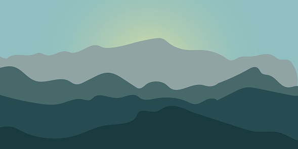 Mountain Vector Art. Sun is behind the mountains. Background for website. Poster, banner. Sunrise