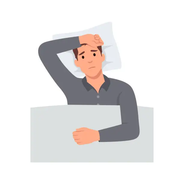 Vector illustration of Young man sleepless suffers from insomnia, sleep disorder. Sad tired male character lying in bed with open eyes, trying to fall asleep. Flat vector illustration isolated on white background