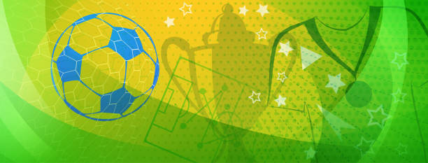 Abstract background on a football theme Abstract background on a football theme with big ball and other soccer symbols in national colors of Brazil blue cup stock illustrations