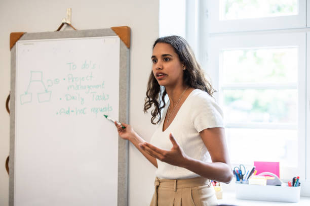 istock Hispanic woman standing by whiteboard and giving presentation at startup office 1425175242