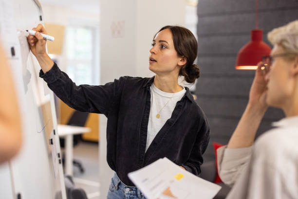istock Woman writing on planning board and explaining the business plan to team 1425175284