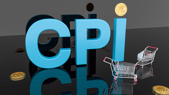CPI. Stacking of coins and a trolley, save money, discount, mid year sale concept. Growth of sales or growth of market basket or consumer price index concept. 3d rendering