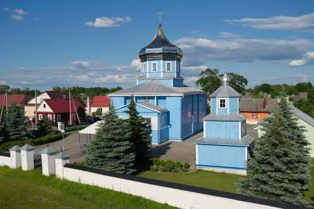 View of old ancient wooden St Nicholas Church in Kobrin city, Brest region, Belarus.