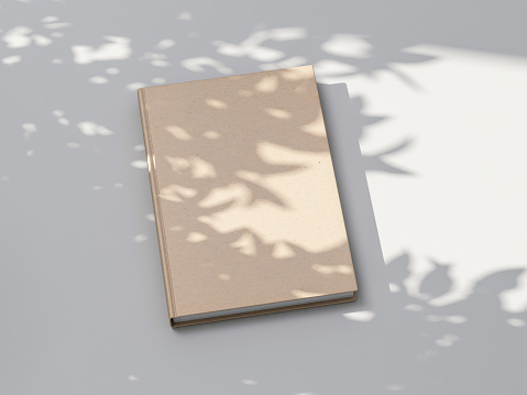 Beige Book Mockup with textured kraft hardcover on white table outdoor. 3d rendering