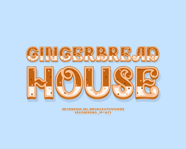 Cute gingerbread font set with 3d letters and numbers for Happy New Year and Christmas decoration and packaging Cute gingerbread font set with 3d letters and numbers for Happy New Year and Christmas decoration and packaging. Vector English alphabet gingerbread house cartoon stock illustrations