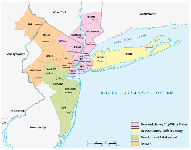 ilustrações, clipart, desenhos animados e ícones de mapa dos condados nas quatro divisões da área metropolitana de nova york - map usa new england mid atlantic usa