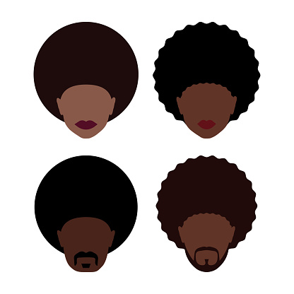 Set of icons people with afro hairstyles. Avatars of men and women with Afro hairstyles. Vector illustration isolated on a white background for design and web.