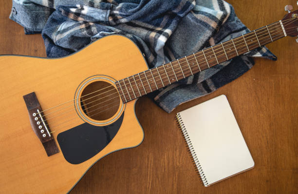 istock Music background with acoustic guitar, top view. 1425180660