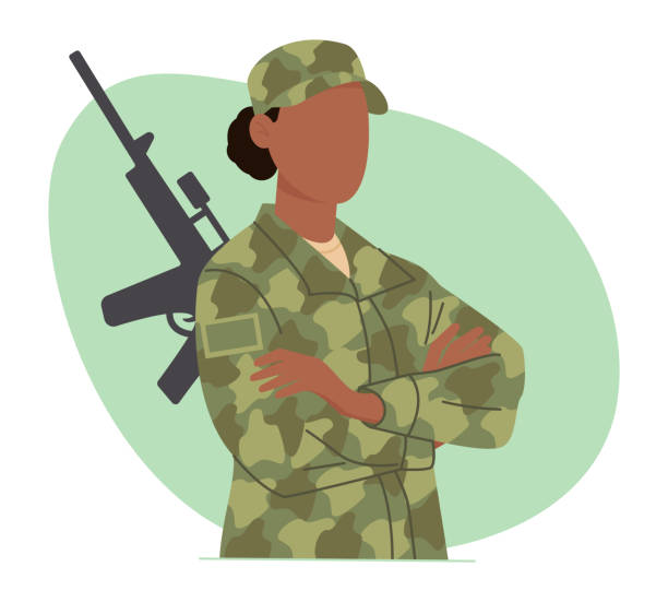 illustrations, cliparts, dessins animés et icônes de femme en tenue militaire sur fond vert avec une arme. jeune fille en costume militaire de soldat. illustration vectorielle - black and white military uniform headwear one person