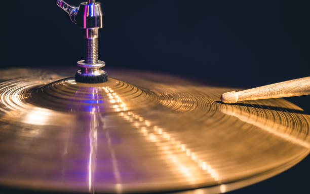 Close up of a drum cymbal, part of a drum kit copy space.