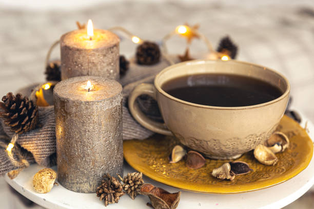istock Cozy autumn composition with a cup of tea and decorative details. 1425181868