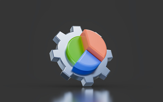 pie chart with gear sing minimalistic look on dark background 3d render concept for analyze setting