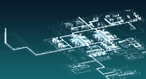 The territory of the LNG plant with tanks, technological platforms, overpasses and other. White lines on a gradient blue background. 3d-rendering