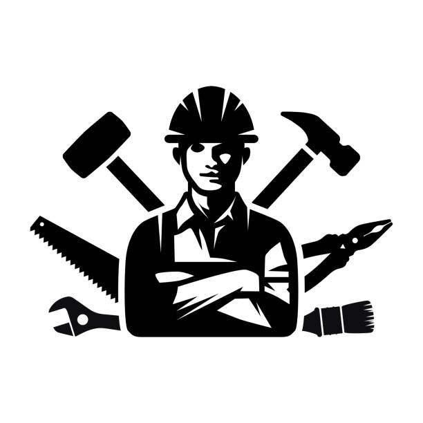 ilustraciones, imágenes clip art, dibujos animados e iconos de stock de el icono del trabajador. todólogo. una silueta negra de un hombre con un casco de construcción rodeado de herramientas de construcción. ilustración vectorial aislada sobre fondo blanco para diseño y web. - construction worker silhouette people construction