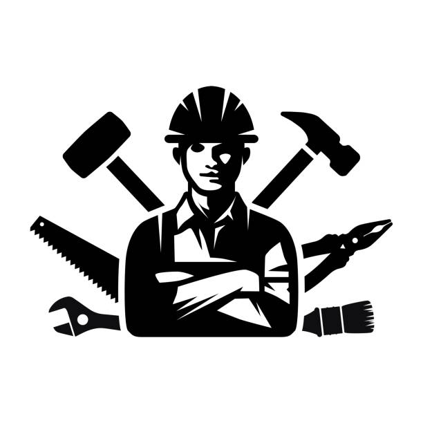 ilustrações de stock, clip art, desenhos animados e ícones de the worker icon. jack of all trades. a black silhouette of a man in a construction helmet surrounded by construction tools. vector illustration isolated on a white background for design and web. - construction worker silhouette people construction