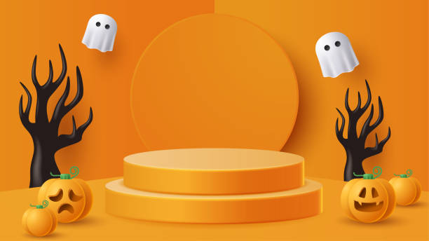 istock Halloween display podium decoration background with scary ornament. Vector 3D Illustration 1425186958