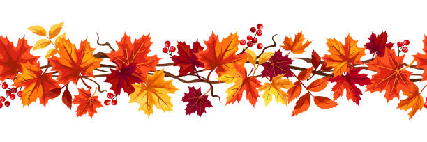 Seamless border with colorful autumn maple leaves. Vector illustration Seamless border with red, orange, brown, and yellow autumn maple leaves and rowanberries. Vector illustration rowanberry stock illustrations