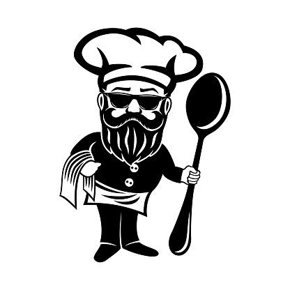 Chef in sunglasses and with a spoon in his hand on a white background.