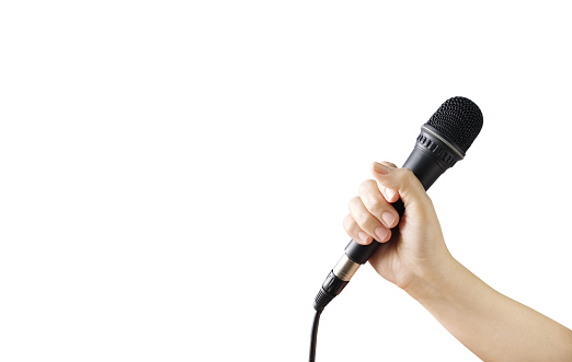 hand with microphone isolated on white background text input area
