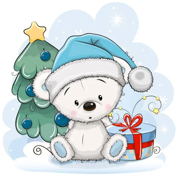 Vector illustration of Cute Cartoon Teddy Bear in a hat with gift