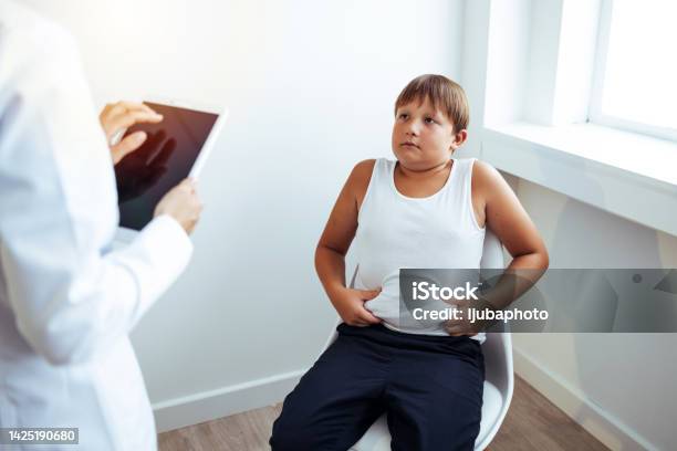 Obese Child Listening To Nutritionists Recommendations Stock Photo - Download Image Now
