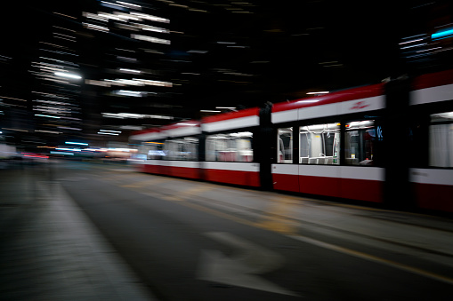 View of a Toronto Streetcar on motion, at night
