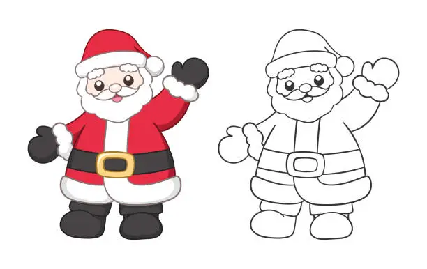 Vector illustration of Cute happy Santa Claus waving outline and colored cartoon illustration set. Father Christmas, Kris Kringle, Saint Nick. Winter Christmas theme coloring book page activity for kids and adults.
